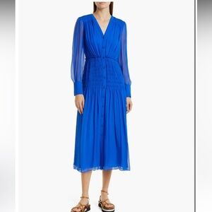 Jason Wu Smocked Waist Long Sleeve SIlk Chiffon Midi Dress
